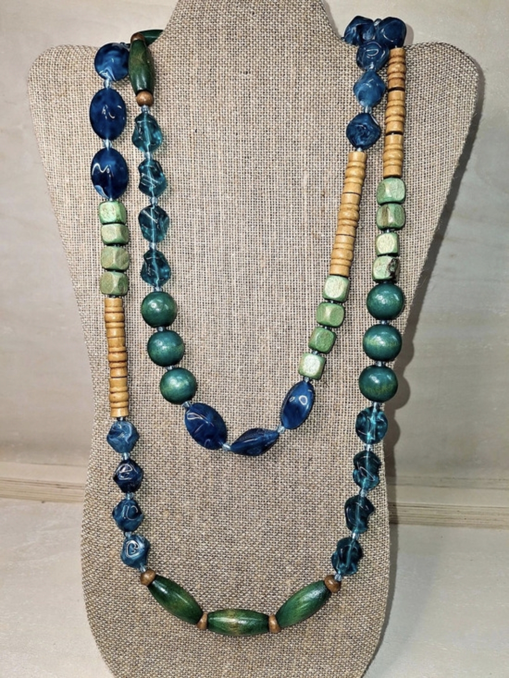 Wood And Acrylic Long Beaded Necklace